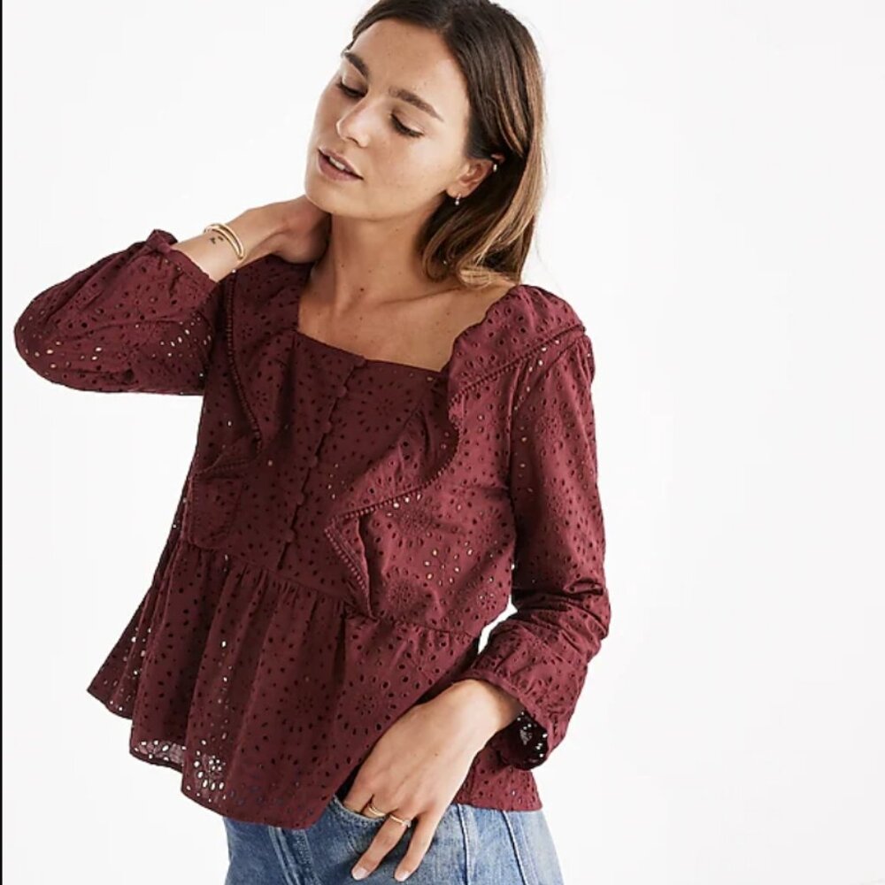 Madewell Maroon Eyelet Ruffle Top Size XXS